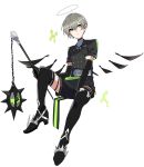  1boy arene_(arknights) arknights black_footwear black_gloves black_jacket black_legwear boots closed_mouth commentary_request elbow_gloves energy_wings flail full_body gloves green_eyes grey_hair halo hexagon high_heels highres holding holding_weapon jacket knee_up looking_away male_focus short_hair short_sleeves sideways_glance simple_background sitting solo spiked_ball_and_chain thigh-highs thigh_boots thigh_strap vegetable_osamuta weapon white_background 