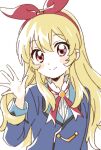  1girl aikatsu! aikatsu!_(series) blonde_hair bow hair_bow hair_ribbon hairband highres hoshimiya_ichigo long_hair looking_at_viewer namori red_eyes ribbon school_uniform smile solo starlight_academy_uniform 