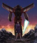  1boy 1girl alexa_(transformers) back-to-back blue_jacket blue_skirt breasts brown_hair collared_shirt decepticon energy_sword fire green_eyes high_heels holding holding_jewelry holding_necklace holding_sword holding_weapon jacket jewelry mecha medium_breasts medium_hair mozu_suka necklace night night_sky shirt skirt sky standing star_(sky) starry_sky starscream suit_jacket sword transformers transformers_energon weapon white_footwear white_shirt 