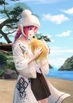  1girl au_ra beach blue_eyes blurry blurry_background braid braided_ponytail commission day dragon_horns final_fantasy final_fantasy_xiv hair_between_eyes hat highres horns jacket long_hair lyra-kotto oil-paper_umbrella one_eye_closed open_clothes open_jacket outdoors redhead scales solo turtle umbrella 