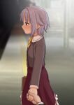  1boy 1girl blurry blurry_background brown_eyes hair_intakes holding_hands idolmaster idolmaster_cinderella_girls koshimizu_sachiko pink_hair pov sakaki_imasato short_hair train_station_platform 