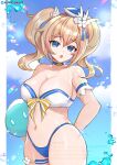  1girl artist_name barbara_pegg blue_choker blue_eyes bow breasts bubble choker clouds eyebrows_visible_through_hair fanbox_username genshin_impact gumroad_username hair_ornament hat large_breasts looking_at_viewer navel official_alternate_costume pixiv_username rayka slime_(genshin_impact) solo swimsuit twintails twitter_logo twitter_username watermark web_address 