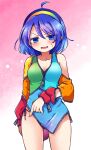  1girl blue_eyes blue_hair breasts dress highres medium_breasts multicolored multicolored_clothes multicolored_dress multicolored_hairband patchwork_clothes pote_(ptkan) rainbow rainbow_gradient short_hair solo tenkyuu_chimata touhou two-sided_fabric unconnected_marketeers 