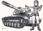  1girl ballpoint_pen_(medium) bangs boots clenched_hand commentary_request emblem extra gesture girls_und_panzer gloves greyscale ground_vehicle helmet helmet-chan_(girls_und_panzer) highres jacket long_sleeves looking_at_viewer military military_uniform military_vehicle monochrome motor_vehicle nspa_(spa-jcs) open_mouth partial_commentary saunders_military_uniform short_hair short_shorts shorts smile solo standing star_(symbol) t-54 tank tank_helmet traditional_media twitter_username uniform 