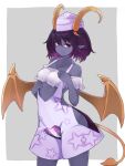  1girl backless_dress backless_outfit bangs bare_shoulders breasts collarbone colored_skin commentary commission cowboy_shot crotch_cutout demon_girl demon_horns demon_tail demon_wings dress grey_background grey_skin hair_between_eyes hat highres hip_vent horns looking_at_viewer multiple_horns original pointy_ears purple_hair revealing_clothes short_hair simple_background skeb_commission small_breasts smile solo star_(symbol) star_print tail violet_eyes white_dress wings yonaga 