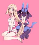  1girl :d amezawa_koma bare_shoulders barefoot between_legs blonde_hair brushing_another&#039;s_hair character_request dolphin_shorts gen_4_pokemon grey_eyes hair_between_eyes hand_between_legs long_hair looking_at_viewer lucario open_mouth pink_background pokemon shirt shorts simple_background sitting smile very_long_hair wariza white_shirt white_shorts wristband 