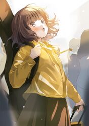  1girl :o bloom blush bob_cut brown_hair guitar_case highres hood hoodie instrument_case light_particles morning open_mouth original rolling_suitcase short_hair skirt solo_focus standing sunlight surprised tasuku_(otomebotan) yellow_hoodie 