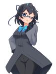  1girl ;) absurdres adapted_costume bangs bespectacled black_coat black_eyes black_hair black_pants blue-framed_eyewear blue_neckwear blue_ribbon blush bow bowtie breasts coat commentary cowboy_shot frilled_sleeves frills glasses greater_lophorina_(kemono_friends) hair_ribbon hand_on_hip hand_on_own_cheek hand_on_own_face head_wings highres kemono_friends long_sleeves looking_at_viewer medium_breasts one_eye_closed pants ribbon shiraha_maru short_hair simple_background smile solo white_background wide_sleeves 