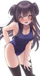  1girl absurdres black_hair black_legwear blue_swimsuit blush breasts brown_eyes cowboy_shot hand_on_own_thigh highres idolmaster idolmaster_shiny_colors long_hair looking_at_viewer mayuzumi_fuyuko medium_breasts nose_blush one-piece_swimsuit simple_background solo standing swimsuit takio_(kani_sama) thigh-highs two_side_up white_background 