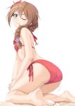  1girl ;) ass baba_konomi bangs bare_arms bare_legs bare_shoulders barefoot bikini braid brown_hair closed_mouth commentary_request eyebrows_visible_through_hair flower from_behind green_eyes hair_between_eyes hair_flower hair_ornament hair_over_shoulder hair_scrunchie idolmaster idolmaster_million_live! kneeling long_hair looking_at_viewer looking_back miri_(ago550421) one_eye_closed purple_scrunchie red_bikini red_flower scrunchie side-tie_bikini signature single_braid smile soles solo swimsuit white_background 