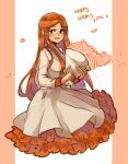  absurdres ayanobro birthday bleach blush bouquet brown_eyes dress english_text flower happy highres inoue_orihime long_hair long_skirt open_mouth orange_hair petals skirt solo white_dress 