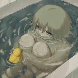  1boy avogado6 barefoot bathtub blue_eyes commentary_request completely_nude crying crying_with_eyes_open grey_hair leg_hug male_focus nude original partially_submerged rubber_duck solo tears water 