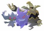  banette commentary_request dusknoir gen_1_pokemon gen_3_pokemon gen_4_pokemon gengar ghost grin highres looking_at_viewer newo_(shinra-p) no_humans one_eye_closed open_mouth outstretched_arm pokemon pokemon_(creature) simple_background smile teeth white_background zipper_pull_tab 