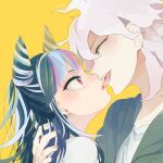  1boy 1girl arm_around_neck bangs bare_shoulders black_hair blue_eyes blue_hair blunt_bangs commentary_request dangan_ronpa_(series) dangan_ronpa_2:_goodbye_despair dated ear_piercing earrings green_jacket grey_hair hair_between_eyes hair_horns hetero highres jacket jewelry komaeda_nagito licking_lips long_hair looking_up medium_hair messy_hair mioda_ibuki multicolored_hair open_mouth piercing pink_eyes pink_hair profile shirt tongue tongue_out upper_teeth white_hair white_shirt yam_(htt) yellow_background 