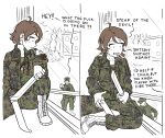  1boy 1girl absurdres ahoge boots brown_hair cigarette highres indoors knife military military_uniform multiple_views ostwindprojekt partially_colored short_hair tree uniform wing_collar zipper zipper_pull_tab 