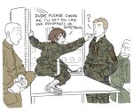  1girl 3boys absurdres ahoge boots brown_hair camouflage cigarette highres indoors knife military military_uniform multiple_boys ostwindprojekt partially_colored short_hair uniform zipper zipper_pull_tab 