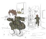  1girl 2boys absurdres ahoge boots brown_hair camouflage highres military multiple_boys multiple_views ostwindprojekt partially_colored short_hair tree wing_collar zipper zipper_pull_tab 