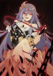  1girl absurdres bare_shoulders black_background black_hair chain feathers fu_hua fu_hua_(herrscher_of_sentience) hair_between_eyes hair_ornament hands highres holding holding_weapon honkai_(series) honkai_impact_3rd legs long_hair long_sleeves looking_at_viewer open_mouth red_eyes teeth thighs tutou_jiang weapon whip 