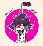  ayanobro black_hair chibi dangan_ronpa_(series) dangan_ronpa_v3:_killing_harmony english_text handkerchief jacket ouma_kokichi pouring smile soda_bottle solo sparkle violet_eyes 