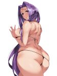  1girl absurdres ass back bangs bare_shoulders bikini black_bikini blush breasts facial_mark fate/stay_night fate_(series) forehead forehead_mark fromgod_jungle highres large_breasts long_hair looking_at_viewer looking_back medusa_(fate) medusa_(rider)_(fate) open_mouth parted_bangs purple_hair sidelocks solo string_bikini swimsuit thighs thong_bikini very_long_hair violet_eyes 