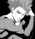 1boy absurdres arm_on_knee arm_rest bandaid bandaid_on_face bodysuit closed_mouth collarbone colored_sclera dudlesnoodles garou_(one-punch_man) highres knee_up long_sleeves looking_at_viewer male_focus monochrome muscular muscular_male one-punch_man pointy_hair skin_tight solo upper_body