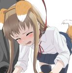  1girl animal_ears black_legwear black_skirt blush brown_hair closed_eyes collar crying fake_animal_ears fox_ears fox_tail hairband highres joshi_kousei_no_mudazukai leash long_hair miniskirt momoi_saku neck_ribbon pet_play pleated_skirt red_neckwear red_ribbon ribbon school_uniform shirt sincos skirt snot solo_focus tail tears thigh-highs white_background white_shirt 