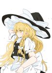  1girl absurdres apron black_vest blonde_hair bow braid commentary_request from_side hat hat_bow highres kirisame_marisa long_hair puffy_sleeves shirt short_sleeves simple_background solo tatutaniyuuto touhou vest waist_apron waist_bow white_bow white_shirt witch_hat yellow_eyes 