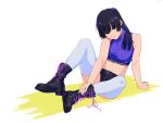  1girl bare_shoulders black_hair blue_legwear boots breasts hibike!_euphonium kamo_kamen kousaka_reina long_hair looking_at_viewer midriff navel open_mouth purple_nails shorts sitting sleeveless solo thigh-highs violet_eyes 