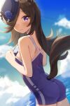  1girl animal_ears bare_shoulders blue_flower blue_headwear blue_rose blue_sky blue_swimsuit clouds commentary_request dutch_angle flower hair_over_one_eye hat hat_flower highres horse_ears horse_girl horse_tail looking_at_viewer ocean rice_shower_(umamusume) rose seneto sky solo swimsuit tail tilted_headwear umamusume violet_eyes 