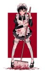  1girl black_legwear blonde_hair blood blood_on_face bloody_clothes broom chainsaw_man claireiosity clenched_teeth full_body higashiyama_kobeni highres looking_to_the_side maid maid_headdress nervous pantyhose red_background solo teeth 