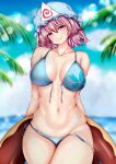 1girl bare_shoulders berrycreate blurry blurry_background bokeh breasts clouds cowboy_shot day depth_of_field hat heart highres large_breasts mob_cap navel outdoors pink_eyes pink_hair saigyouji_yuyuko short_hair sky smile solo swimsuit touhou triangular_headpiece 