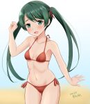  1girl ame-san bikini breasts commentary_request cowboy_shot dated gradient gradient_background green_background green_eyes green_hair halterneck highres kantai_collection long_hair looking_at_viewer mikuma_(kancolle) one-hour_drawing_challenge red_bikini revision side-tie_bikini small_breasts smile solo string_bikini swimsuit twintails twitter_username white_background 