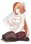  1girl :d black_legwear blush breasts brown_hair fatkewell girls_frontline green_eyes hair_ribbon highres long_hair looking_at_viewer m1903_springfield_(girls_frontline) meme_attire mimikaki open-chest_sweater open_mouth red_ribbon ribbed_sweater ribbon seiza sitting skirt smile solo sweater turtleneck turtleneck_sweater 