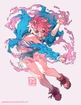  1girl ashido_mina black_sclera boku_no_hero_academia casual colored_sclera colored_skin commentary dated english_commentary full_body grin highres horns off_shoulder patreon_username pink_hair pink_skin poch4n shoes short_hair signature slime_(substance) smile sneakers solo teeth white_background yellow_eyes 