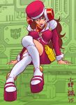  1girl bangs breasts brown_hair hair_between_eyes head_tilt headset jacket long_hair looking_at_viewer makoto_ono medium_breasts older platform_footwear platform_heels red_headwear red_jacket red_skirt robot_ears sitting skirt smile solo t-ai thigh-highs transformers transformers_car_robots uniform 