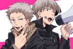  1boy age_progression bangs black_eyes black_jacket brown_scarf facial_tattoo gakuran gusha_(orenji_hnkn) hand_up high_collar highres holding holding_megaphone inumaki_toge jacket jujutsu_kaisen long_sleeves looking_at_viewer male_focus megaphone open_mouth pink_background scarf school_uniform short_hair silver_hair simple_background tattoo tongue tongue_out tongue_tattoo two-tone_background upper_body white_background zipper 