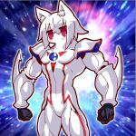  1girl animal_ears armor arms_at_sides black_gloves blade bodysuit border borrowed_character commentary_request elemental_hero_neos fox_ears fox_girl galaxy galaxy_background gem gloves hair_between_eyes kemomimi-chan_(naga_u) light_blush muscular parody red_eyes rtsj shoulder_guard solo white_bodysuit wrist_guards yu-gi-oh! 