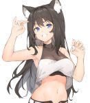  1girl absurdres animal_ear_fluff animal_ears arm_up armpits bare_arms bare_shoulders belt black_hair blue_eyes breasts cat_ears claw_pose collarbone crop_top crop_top_overhang grin hand_up highres kiro_(kirotayu) long_hair looking_at_viewer medium_breasts midriff navel open_fly original shirt simple_background sleeveless sleeveless_shirt smile solo stomach upper_body v-shaped_eyebrows white_background white_shirt 