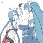  bare_shoulders blue_hair braid breasts fingerless_gloves flat_chest gloves highres jinx_(league_of_legends) korean_commentary korean_text large_breasts league_of_legends long_hair looking_at_viewer multiple_girls open_mouth ranger_squirrel smile sona_buvelle tattoo translation_request twin_braids twintails very_long_hair 