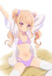  1girl aikatsu! aikatsu!_(series) aikatsu_stars! arm_behind_head bikini blonde_hair blush breasts closed_mouth hair_ornament hair_scrunchie hands_up kasumi_mahiru long_hair looking_at_viewer navel pink_eyes purple_bikini scrunchie shirt sincos sitting small_breasts smile solo spread_legs swimsuit thigh-highs twintails white_legwear white_shirt 