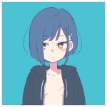  1girl aqua_background bangs blue_hair cireng-kun collarbone darling_in_the_franxx english_commentary expressionless eyebrows_visible_through_hair hood hoodie ichigo_(darling_in_the_franxx) open_clothes open_hoodie orange_eyes scar_on_breasts short_hair simple_background solo upper_body 