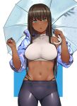  1girl bare_shoulders black_hair black_panties blue_eyes blush breasts dark-skinned_female dark_skin fang hai_ookami jacket leggings long_hair looking_at_viewer midriff navel open_mouth original panties pantylines simple_background solo umbrella underwear white_background 