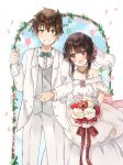  1girl :d absurdres black_hair blurry blurry_background blush bouquet bridal_veil bride brown_hair commentary couple dress eyebrows_visible_through_hair flower formal gloves gloves_removed green_eyes grin groom highres husband_and_wife jewelry kono_subarashii_sekai_ni_shukufuku_wo! megumin open_mouth petals red_eyes ring satou_kazuma short_hair_with_long_locks smile suit tuxedo veil wedding wedding_ring white_suit yuno_(suke_yuno) 