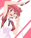  1girl :d blush collared_shirt hand_up headband highres holding looking_at_viewer open_mouth paddle raglan_sleeves red_eyes redhead shakunetsu_no_takkyuu_musume shirt short_sleeves sincos smile solo sweat table_tennis_paddle tsumujikaze_koyori twintails upper_body white_shirt wing_collar wristband 