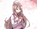  ahoge akamatsu_kaede ayanobro birthday blush cherry_blossoms closed_eyes dangan_ronpa_(series) dangan_ronpa_v3:_killing_harmony highres long_hair necktie petals praying school_uniform solo 