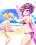  bangs beach bikini black_hairband blonde_hair blue_eyes blue_sky blunt_bangs breasts chinese_commentary clouds commentary_request cowboy_shot eyewear_on_head feet_out_of_frame gochuumon_wa_usagi_desu_ka? hairband highres innertube kirima_sharo painter-lhb plaid plaid_bikini purple_bikini purple_hair short_hair sky small_breasts surfboard swimsuit tedeza_rize tied_hair twintails violet_eyes wavy_hair yellow_bikini 