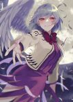  1girl absurdres angel_wings beige_jacket blurry blush bow bowtie breasts brooch depth_of_field dress feathers foreshortening full_moon highres jewelry kishin_sagume large_breasts looking_at_viewer medium_hair moon nana_(nightfell) night night_sky purple_dress reaching_out red_eyes silver_hair single_wing sky smile solo touhou wings 