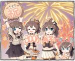  4girls aqua_eyes black_ribbon blush brown_hair chibi cowboy_shot ebi_frion_(natsuiro_matsuri) fireworks holding_hands hololive hololive_idol_uniform looking_at_viewer matsurisu milestone_celebration multiple_girls multiple_persona natsuiro_matsuri ribbon short_hair side_ponytail smile tonton_(tonz159) twintails virtual_youtuber wavy_hair younger 