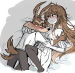  1boy 1girl animal_ears bed bed_sheet coyote coyote_ears coyote_tail dual_persona embarrassed genderswap genderswap_(mtf) himuhino hug humanization lingerie looney_tunes tail tail_wagging underwear wile_e_coyote 