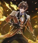  1boy bangs black_gloves blurry blurry_background brown_hair coattails collared_shirt commentary_request earrings eokiva1 eyeliner formal genshin_impact gloves gradient_hair highres holding holding_spear holding_weapon jacket jewelry long_hair long_sleeves looking_to_the_side makeup male_focus multicolored_hair necktie open_mouth orange_hair polearm ponytail shirt single_earring solo spear suit tassel tassel_earrings thumb_ring weapon yellow_eyes zhongli_(genshin_impact) 